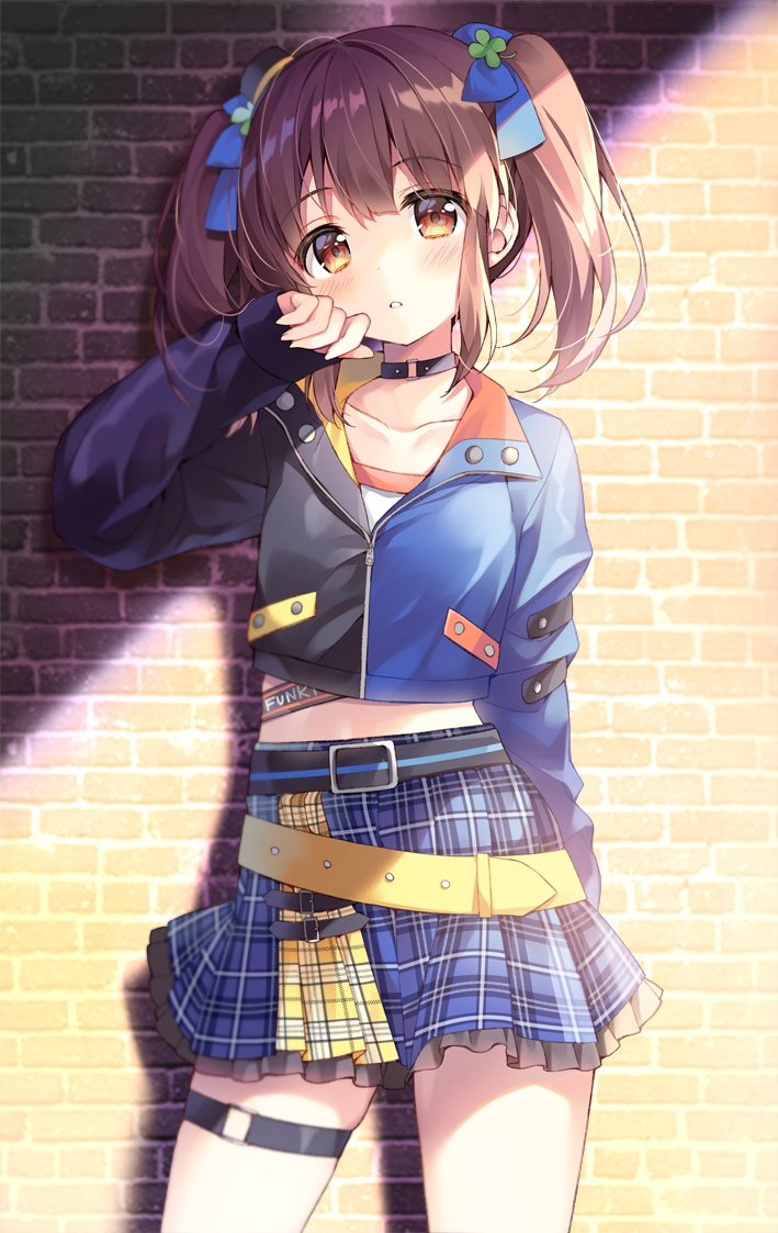 1girl belt blue_skirt blurry bow brick_wall brown_hair choker collarbone commentary_request cowboy_shot crop_top cropped_jacket frilled_skirt frills hair_bow hand_up idolmaster idolmaster_cinderella_girls idolmaster_cinderella_girls_starlight_stage long_hair long_sleeves looking_at_viewer midriff miniskirt ogata_chieri orange_eyes parted_lips plaid plaid_skirt shirt sidelocks skirt solo standing suimya thigh_strap twintails two-tone_jacket white_shirt wing_collar
