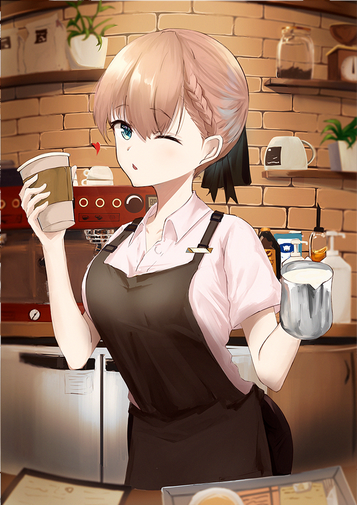 1girl apron black_apron braid brown_hair coffee_maker_(object) cup disposable_cup green_eyes heart indoors kanzakimitoto looking_at_viewer one_eye_closed original pink_shirt plant potted_plant shelf shirt short_hair short_sleeves solo standing