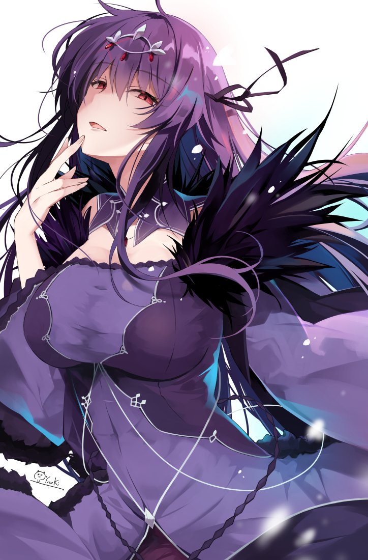 1girl bangs black_ribbon breasts dress fate/grand_order fate_(series) feather_trim hair_between_eyes hair_ribbon hand_to_own_mouth head_tilt headpiece hirai_yuzuki large_breasts looking_at_viewer parted_lips purple_dress purple_hair red_eyes ribbon runes scathach_(fate)_(all) scathach_skadi_(fate/grand_order) simple_background solo taut_clothes tiara white_background