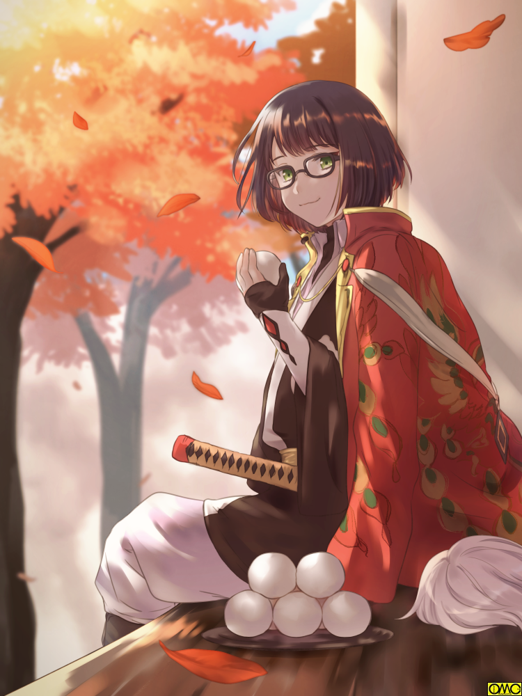 1girl autumn autumn_leaves brown_hair day food_request glasses green_eyes katana leaf long_sleeves looking_at_viewer official_art omc outdoors sheath sheathed short_hair sitting smile sword tukune watermark weapon wide_sleeves