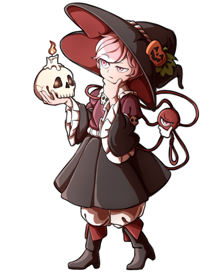 1girl boots candle eyeball food_themed_hair_ornament frilled_shirt_collar frills hair_ornament halloween halloween_costume hand_on_own_chin hat heart holding komeiji_satori long_sleeves mefomefo pink_eyes pink_hair puffy_pants pumpkin_hair_ornament shoes short_hair simple_background skull solo thinking third_eye touhou wide_sleeves witch_costume witch_hat