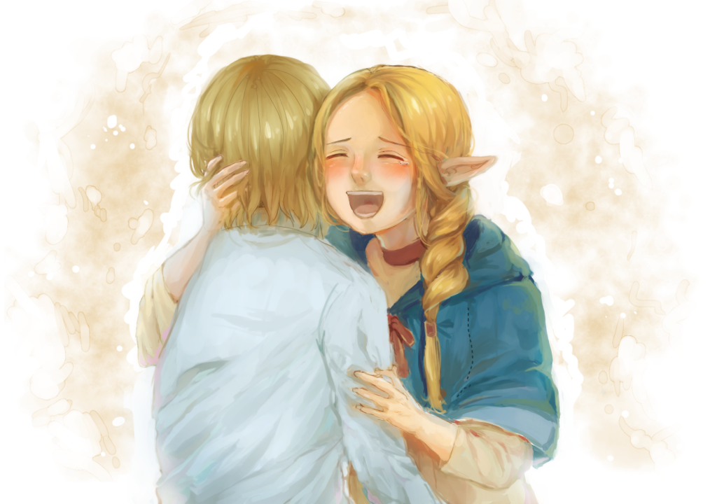 2girls ^_^ blonde_hair blush braid capelet choker closed_eyes dungeon_meshi elf facing_away falin_thorden hand_in_hair hand_on_another's_arm hand_on_another's_head happy hug long_hair long_sleeves marcille mozu_(doperugenga) multiple_girls open_mouth pointy_ears short_hair tears white_background