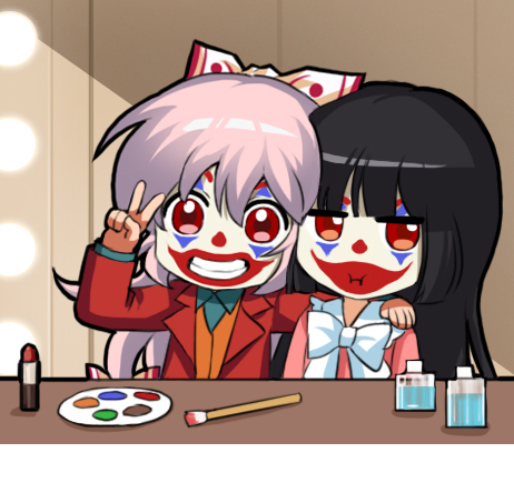 2girls :i bangs black_hair blazer blunt_bangs bow bowtie chibi chinese_commentary clown commentary_request facepaint fujiwara_no_mokou grin hair_between_eyes hair_bow hand_on_another's_shoulder hand_up houraisan_kaguya indoors jacket lipstick_tube long_hair long_sleeves looking_at_viewer lowres multiple_girls open_clothes open_jacket orange_vest paintbrush palette pink_hair pink_shirt red_eyes red_jacket shangguan_feiying shirt smile touhou upper_body v white_bow white_neckwear