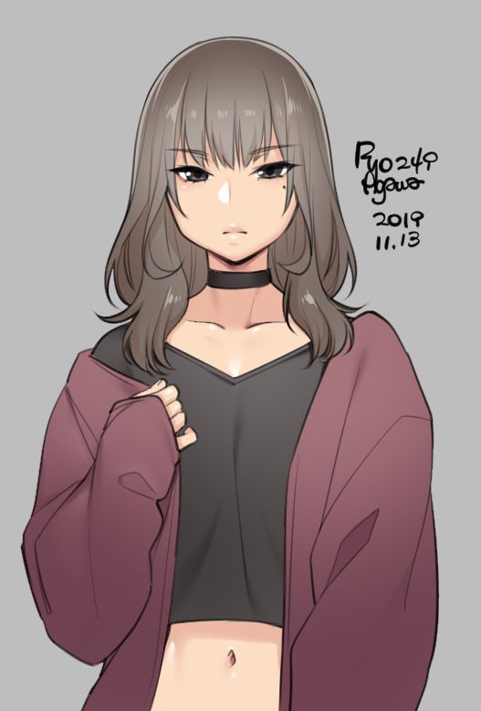 1boy agawa_ryou black_choker brown_hair cardigan choker commentary crop_top dated english_commentary eyebrows_visible_through_hair grey_background grey_eyes medium_hair mole mole_under_eye navel off_shoulder original otoko_no_ko sleeves_past_wrists solo tsurime v-neck