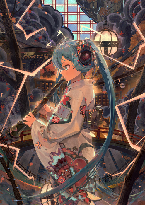 1girl adapted_costume blue_eyes blue_hair bridge clouds commentary curtains electricity feet_out_of_frame floral_print flower from_side furisode hair_ornament hairclip hatsune_miku headphones instrument instrument_request japanese_clothes kimono lantern leaf long_sleeves lsu_(lowmoo98) maple_leaf music obi paper_lantern playing_instrument plum_blossoms profile sash solo standing twintails vocaloid white_kimono