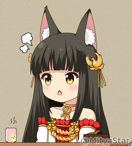 1girl animal_ear_fluff animal_ears azur_lane bangs bare_shoulders black_hair blush brown_eyes chestnut_mouth collarbone commentary_request cup detached_sleeves dress eyebrows_visible_through_hair fox_ears hair_ornament long_hair miicha nagato_(azur_lane) open_mouth pleated_dress red_dress solo strapless strapless_dress twitter_username upper_body v-shaped_eyebrows white_sleeves yunomi