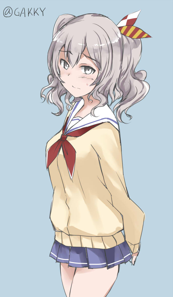 1girl alternate_costume arms_behind_back cardigan gakky grey_eyes hair_ribbon kantai_collection kashima_(kantai_collection) long_hair looking_at_viewer neckerchief no_hat no_headwear ribbon school_uniform silver_hair solo two_side_up