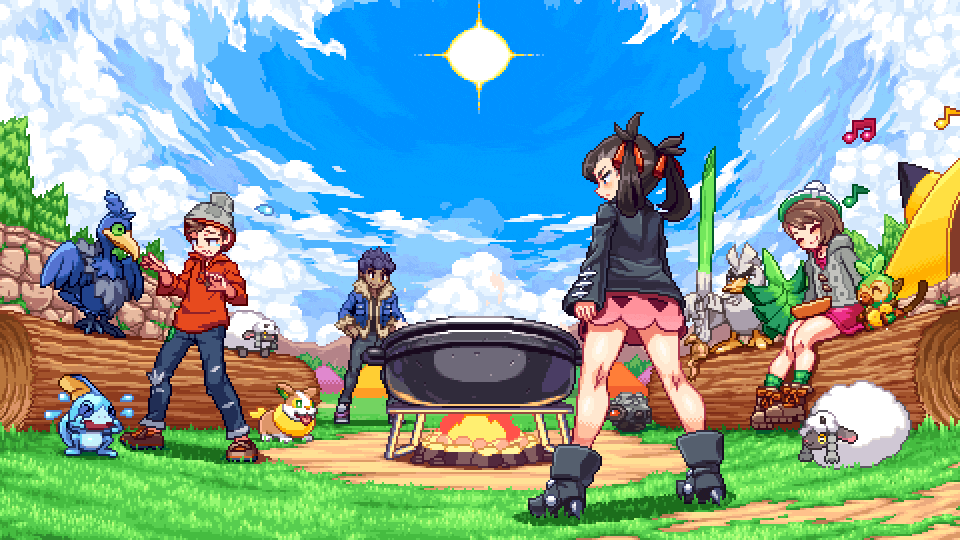 2boys 2girls ^_^ black_footwear black_hair black_jacket blue_jacket blue_sky boots brown_hair campfire character_request closed_eyes clouds commentary crying day female_protagonist_(pokemon_swsh) fire grass grey_jacket hop_(pokemon) jacket legs_apart log looking_at_another male_protagonist_(pokemon_swsh) mary_(pokemon) migel_futoshi multiple_boys multiple_girls music musical_note nature outdoors pixel_art pokemon pokemon_(creature) pokemon_(game) pokemon_swsh pot red_jacket short_hair singing sitting sky sobble standing sun tam_o'_shanter tent tree twintails wooloo