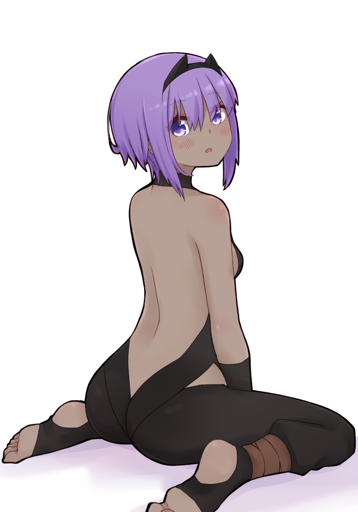 1girl :o backless_outfit bangs bare_back bare_shoulders black_bodysuit blush bodysuit colored_shadow dark_skin eyebrows_visible_through_hair fate/prototype fate/prototype:_fragments_of_blue_and_silver fate_(series) feet hair_between_eyes hassan_of_serenity_(fate) i.u.y looking_at_viewer looking_back no_shoes parted_lips purple_hair shadow sidelocks sitting soles solo violet_eyes wariza white_background