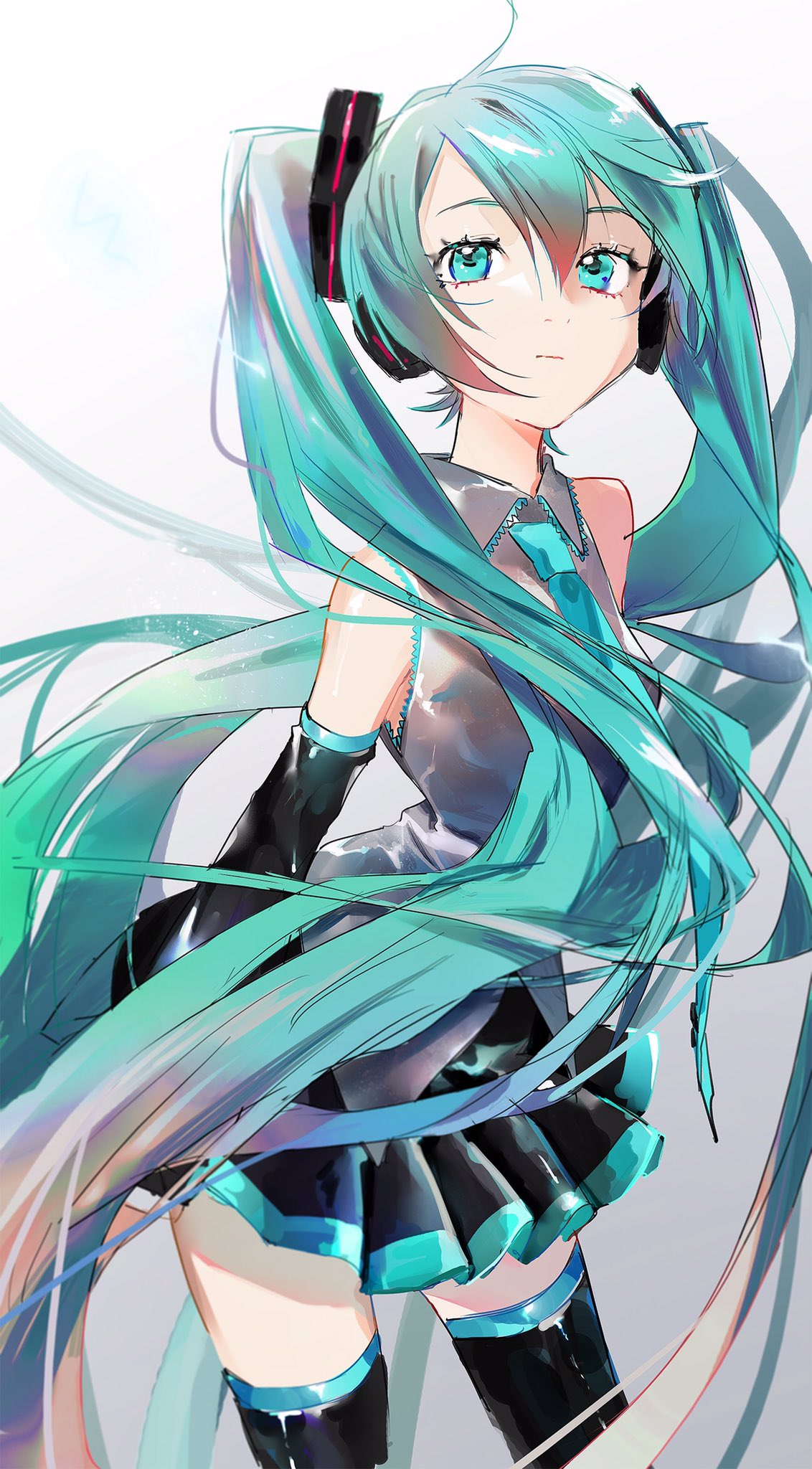 1girl absurdly_long_hair arms_at_sides bare_shoulders black_legwear black_skirt blue_eyes blue_hair blue_neckwear cowboy_shot detached_sleeves expressionless eyelashes floating_hair gradient gradient_background grey_background grey_shirt hair_between_eyes hatsune_miku highres long_hair looking_at_viewer necktie osushimanchan pleated_skirt shaded_face shiny shiny_hair shirt simple_background skirt sleeveless sleeveless_shirt solo standing thigh-highs twintails very_long_hair vocaloid white_background zettai_ryouiki