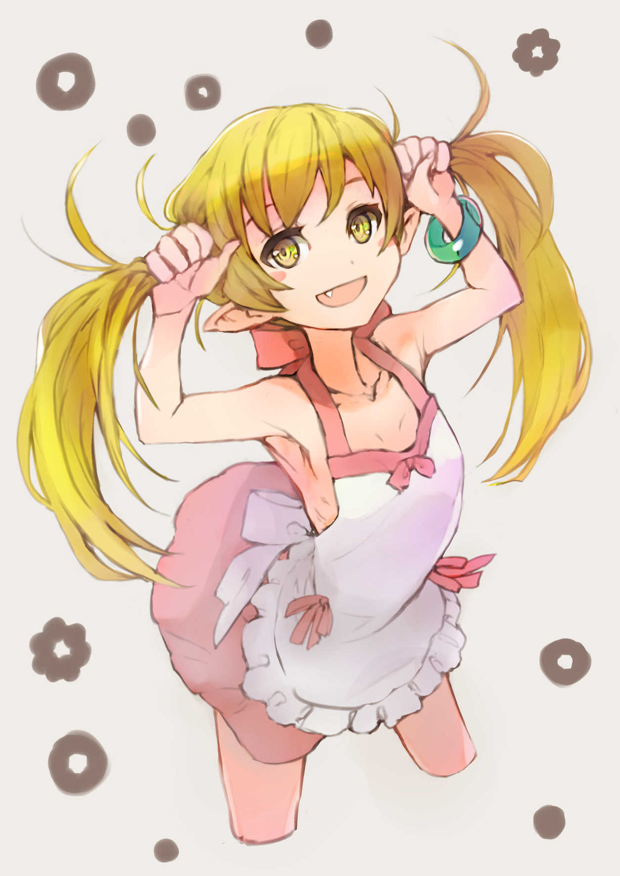 1girl :d bana_(stand_flower) bangs blonde_hair blush_stickers bunching_hair commentary_request cropped_legs dress fang highres long_hair looking_at_viewer monogatari_(series) open_mouth oshino_shinobu pointy_ears simple_background smile solo yellow_eyes