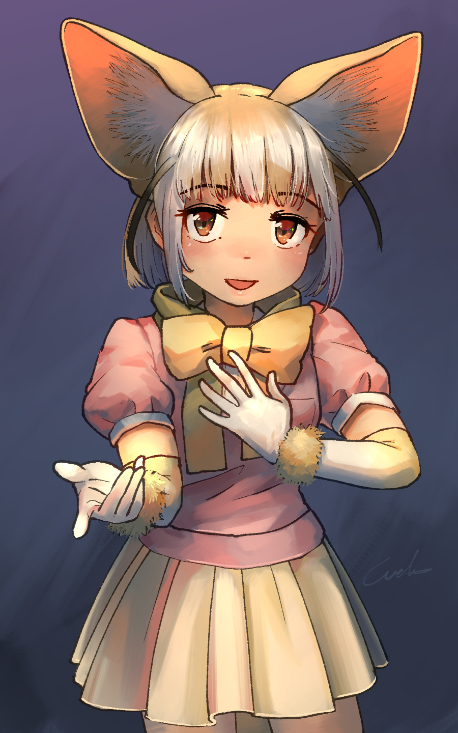 1girl :d animal_ear_fluff animal_ears bangs blonde_hair blunt_bangs bow bowtie brown_eyes commentary cowboy_shot elbow_gloves eyebrows_visible_through_hair fennec_(kemono_friends) fox_ears gloves gradient_gloves hand_on_own_chest highres kemono_friends looking_at_viewer multicolored multicolored_clothes multicolored_gloves multicolored_hair open_mouth pleated_skirt pointing pointing_at_viewer puffy_short_sleeves puffy_sleeves short_sleeves signature skirt smile solo two-tone_hair welt_(kinsei_koutenkyoku) white_gloves white_hair yellow_gloves yellow_neckwear yellow_skirt