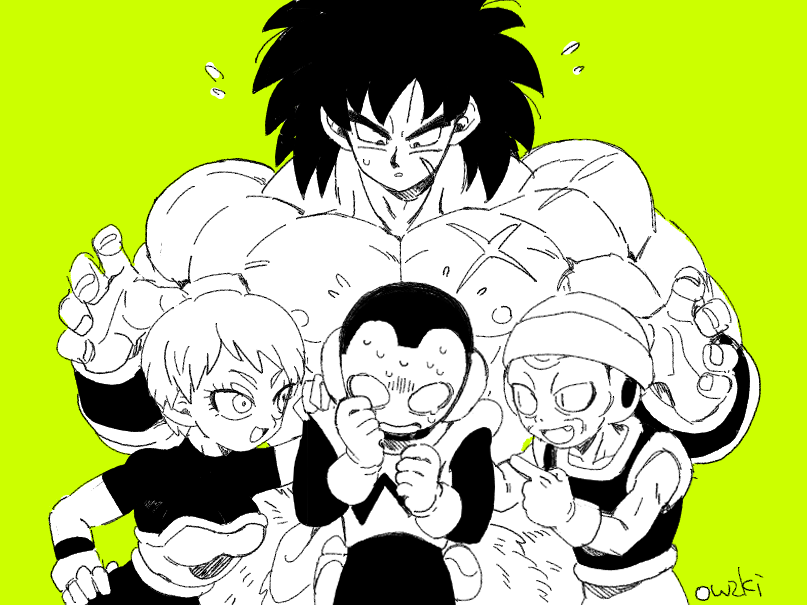1girl 3boys :o armor bad_id bad_twitter_id black_eyes black_hair broly_(dragon_ball_super) cheelai clenched_hands collarbone commentary_request cowering d: dragon_ball dragon_ball_super dragon_ball_super_broly expressionless eyelashes fingernails flying_sweatdrops ginga_patrol_jaco gloves green_background green_theme hand_on_another's_back hand_on_another's_shoulder hand_on_own_hip hands_up hat height_difference jaco_(ginga_patrol_jaco) lemo_(dragon_ball) looking_at_another looking_down messy_hair monochrome multiple_boys muscular nervous nipples open_mouth outsuki parted_lips pectorals pointing saiyan_armor scar scar_on_cheek scar_on_chest scar_on_face scared short_hair simple_background smile spot_color standing sweat sweatdrop topless_male twitter_username upper_body very_short_hair white_gloves wristband