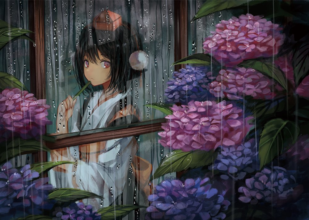 1girl alternate_costume bangs black_hair blue_flower commentary_request cowboy_shot eyebrows_visible_through_hair flower hair_between_eyes hat holding hydrangea japanese_clothes kimono kourindou_tengu_costume leaf long_sleeves pom_pom_(clothes) purple_flower rain red_eyes ribbon-trimmed_sleeves ribbon_trim sero3eta shameimaru_aya short_hair solo tokin_hat touhou white_kimono wide_sleeves window