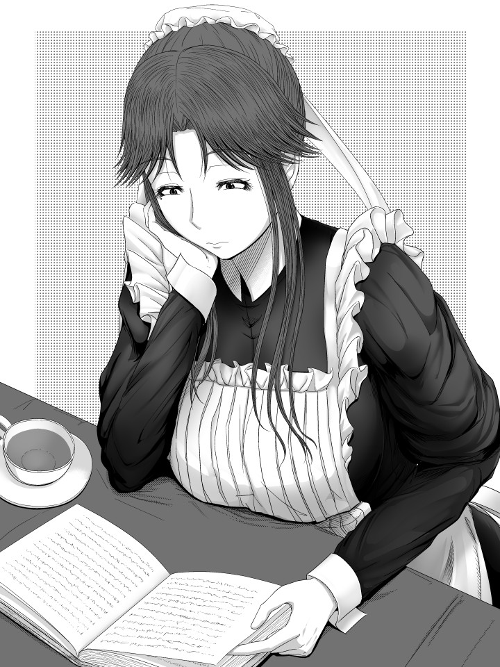 1girl black_dress book breasts chin_rest cup dress frills greyscale groza large_breasts long_sleeves maid monochrome open_book original reading ribbon sidelocks sitting solo table teacup white_ribbon