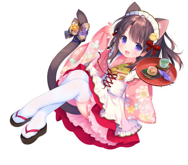 1girl :d animal_ear_fluff animal_ears apron bell black_footwear blush bow brown_hair cat_ears cat_girl cat_tail commentary_request floral_print frilled_apron frills full_body holding holding_tray japanese_clothes jingle_bell kimono long_hair long_sleeves looking_at_viewer maid_headdress open_mouth origami original paper_crane pinching_sleeves pink_kimono piyodera_mucha pleated_skirt print_kimono red_skirt simple_background skirt sleeves_past_wrists smile solo tail tail_bell tail_bow thigh-highs tray violet_eyes wa_maid white_apron white_background white_legwear wide_sleeves