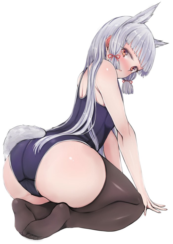 1girl animal_ears ass bangs blue_swimsuit blunt_bangs blush breasts brown_legwear from_behind hair_ribbon kantai_collection long_hair looking_at_viewer looking_back murakumo_(kantai_collection) one-piece_swimsuit orange_eyes parted_lips ribbon seiza sidelocks silver_hair simple_background sitting small_breasts solo swimsuit tail thigh-highs tress_ribbon white_background wolf_ears wolf_tail yukiguni_yuu