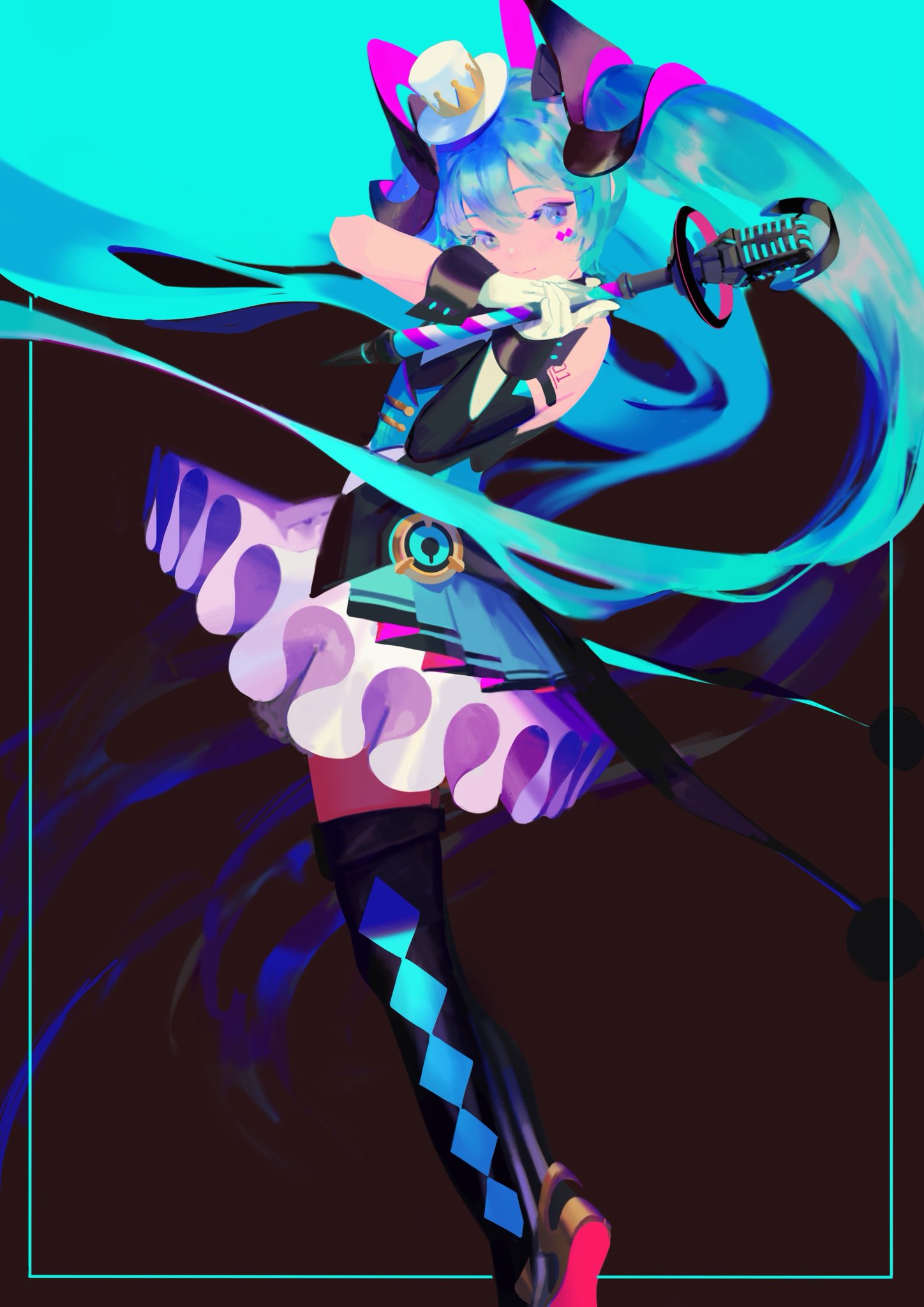 1girl argyle argyle_legwear bare_shoulders black_background black_legwear blue_background blue_border blue_eyes blue_hair border buttons commentary detached_sleeves diamond_(shape) facepaint feet_out_of_frame floating_hair frilled_skirt frills gloves hair_between_eyes hands_clasped happy hat hatsune_miku highres holding holding_microphone legs_together light_smile long_hair looking_away magical_mirai_(vocaloid) microphone mini_hat mini_top_hat number_tattoo own_hands_together satomatoma shiny shiny_hair shoe_soles shoulder_tattoo simple_background single_detached_sleeve skirt sleeveless smile solo tattoo thigh-highs top_hat twintails two-tone_background very_long_hair vocaloid white_gloves white_headwear white_skirt wrist_cuffs zettai_ryouiki