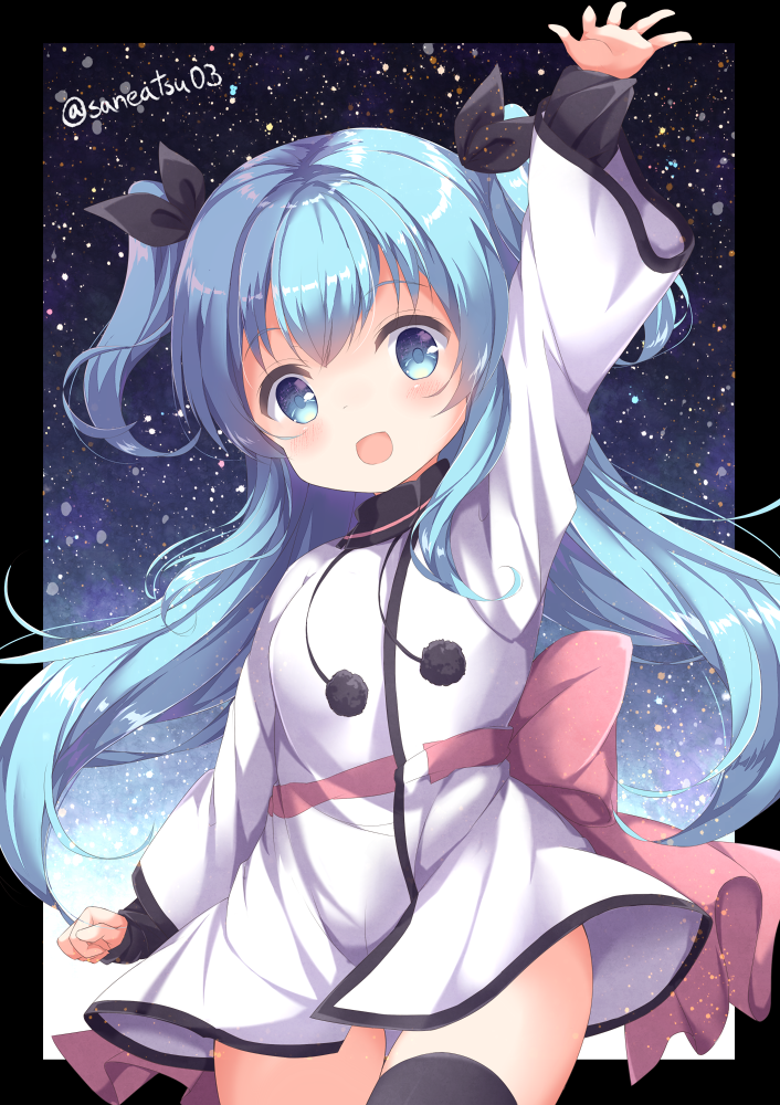 1girl :d arm_up back_bow bangs black_legwear black_ribbon blue_eyes blue_hair blush bow breasts commentary_request drawstring dress eyebrows_visible_through_hair hair_ribbon long_hair long_sleeves niwasane_(saneatsu03) noel_(sora_no_method) open_mouth pom_pom_(clothes) red_bow ribbon sleeves_past_wrists small_breasts smile solo sora_no_method thigh-highs twitter_username two_side_up very_long_hair white_dress