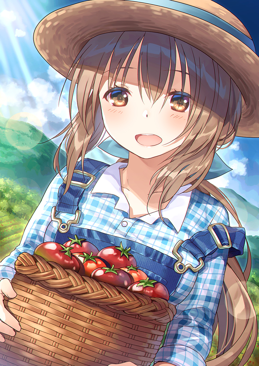 1girl bangs basket blush brown_eyes brown_hair craytm day dutch_angle hat highres long_hair looking_at_viewer open_mouth original outdoors overalls ponytail solo strap_slip tomato
