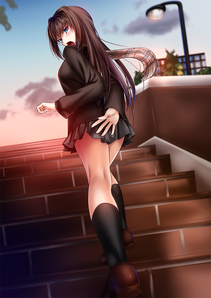 1girl akeyama_kitsune aozaki_aoko arm_behind_back black_jacket black_legwear black_skirt blue_eyes blush brown_footwear brown_hair jacket kneehighs lamppost loafers long_hair mahou_tsukai_no_yoru miniskirt open_mouth shoes skirt solo stairs