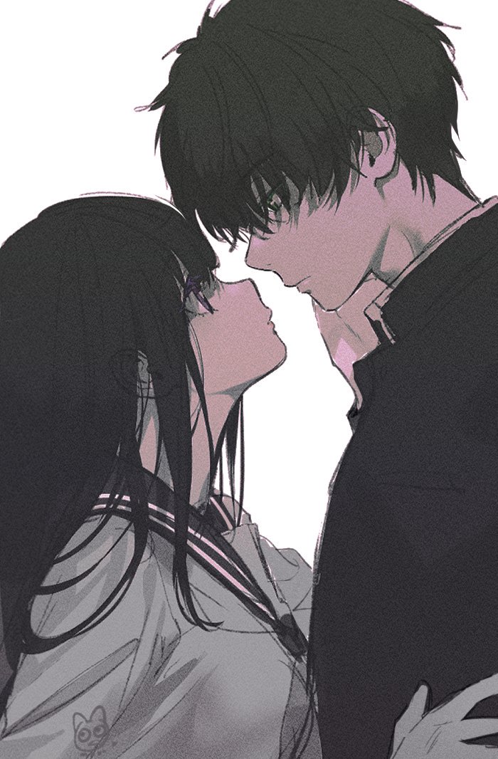 1boy 1girl bangs black_eyes black_hair chitanda_eru closed_mouth ears_visible_through_hair eyebrows_visible_through_hair from_side gakuran hair_between_eyes hand_on_another's_face hetero hyouka incoming_kiss jacket long_hair looking_at_another mery_(apfl0515) oreki_houtarou school_uniform serafuku simple_background standing upper_body violet_eyes white_background