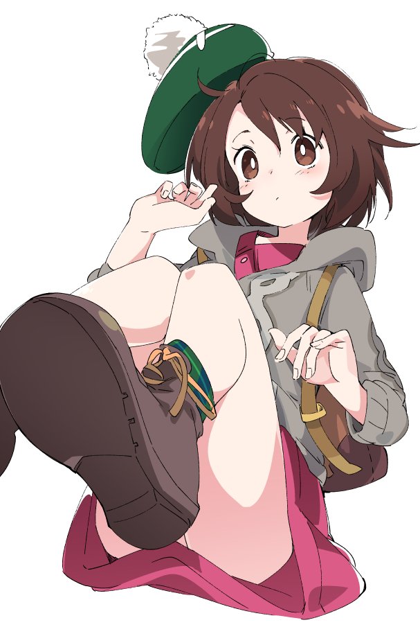 1girl blush brown_eyes brown_footwear brown_hair cardigan eyebrows_visible_through_hair female_protagonist_(pokemon_swsh) green_headwear grey_cardigan ixy legs long_sleeves pokemon pokemon_(game) pokemon_swsh red_skirt shoes short_hair simple_background skirt solo tam_o'_shanter white_background