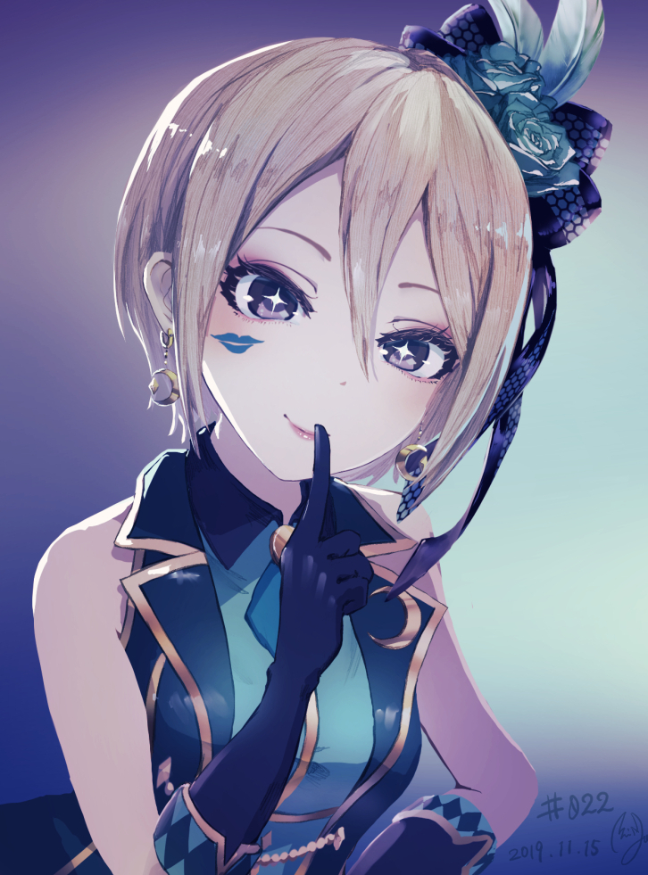 +_+ 1girl bangs bare_shoulders black_gloves blonde_hair blue_flower blue_rose blue_shirt blue_vest blush closed_mouth collared_shirt commentary_request crescent crescent_earrings dated earrings elbow_gloves flower gloves hair_between_eyes hair_ornament hand_up idolmaster idolmaster_cinderella_girls index_finger_raised jewelry lipstick_mark minyom rose shiomi_shuuko shirt signature smile solo upper_body vest violet_eyes