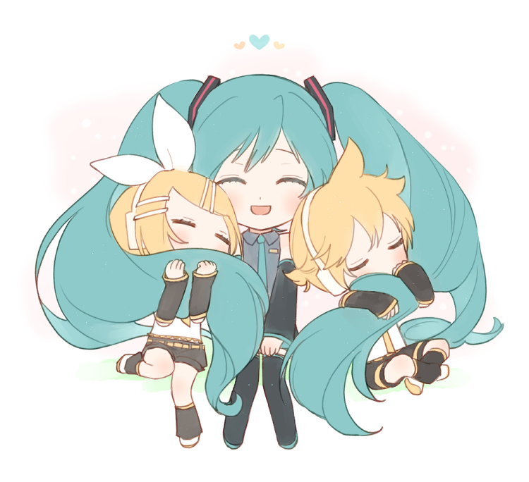 1boy 2girls :d ^_^ belt black_legwear blonde_hair blue_hair blue_neckwear blush chibi closed_eyes covered_mouth crossed_legs detached_sleeves expressionless full_body gradient gradient_background grey_shirt hair_between_eyes hair_grab hair_ornament hair_ribbon hairclip hands_on_lap happy hatsune_miku headset heart kagamine_len kagamine_rin leg_up leg_warmers light_particles long_hair manarona multiple_girls necktie open_mouth pink_background ribbon shirt short_hair shorts simple_background sitting smile thigh-highs twintails u_u very_long_hair vocaloid white_background white_footwear white_ribbon yellow_neckwear