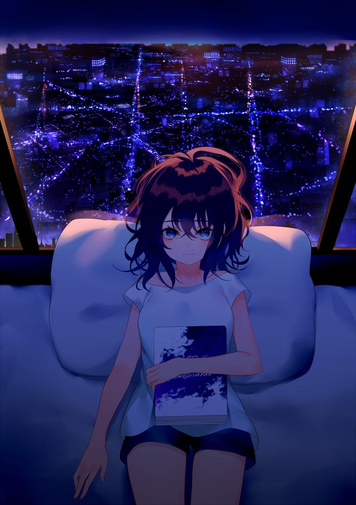 1girl achiki backlighting bare_arms black_eyes black_hair black_shorts book breasts city_lights cityscape dark indoors looking_at_viewer lying medium_breasts night on_back original shirt short_hair short_shorts short_sleeves shorts solo white_shirt window