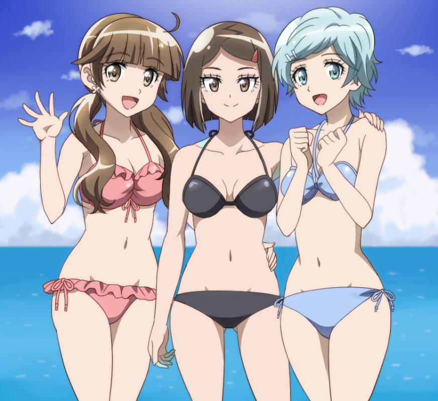 3girls :d anime_coloring arm_around_back bangs bikini black_bikini blue_bikini blue_eyes blue_sky blunt_bangs breasts brown_eyes clenched_hand clouds day frilled_bikini frills hair_ornament hairclip hand_on_another's_shoulder hand_up hands_up houkago_saikoro_club looking_at_viewer medium_breasts multiple_girls navel onomekaman oono_midori open_mouth outdoors pink_bikini short_hair side-tie_bikini sky smile standing swimsuit takayashiki_aya takekasa_miki twintails water