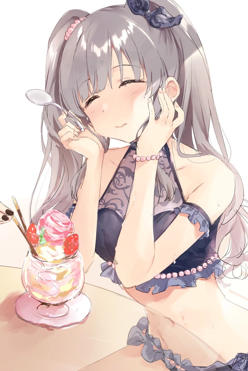 1girl bare_shoulders black_bow black_nails bow bracelet breasts bvucki36gzoeq1c closed_eyes closed_mouth collarbone disembodied_limb eyebrows_visible_through_hair facing_viewer grey_hair hair_bow highres holding holding_spoon idolmaster idolmaster_cinderella_girls jewelry kanzaki_ranko medium_breasts navel sitting sketch solo spoon twintails