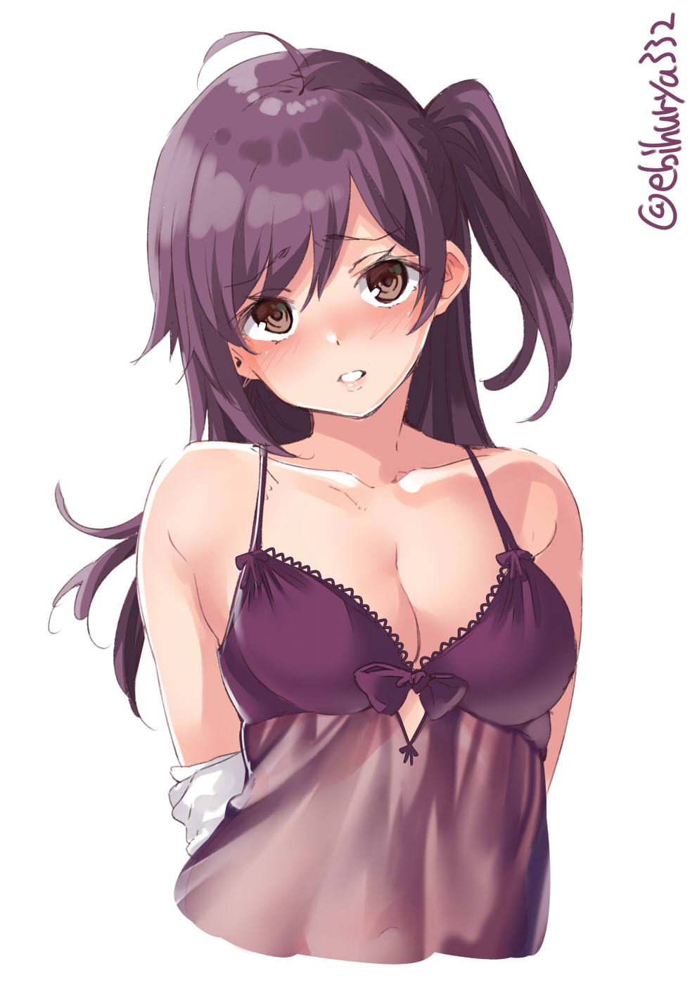 1girl ahoge arms_behind_back bare_shoulders blush breasts brown_eyes collarbone commentary_request ebifurya hagikaze_(kantai_collection) head_tilt highres kantai_collection lingerie long_hair looking_at_viewer medium_breasts negligee nightgown one_side_up parted_lips pink_lips purple_hair see-through solo underwear