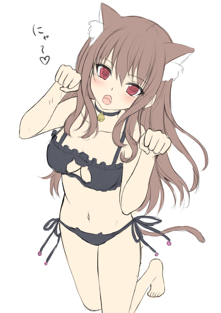 1girl animal_ear_fluff animal_ears bangs bare_arms bare_legs bare_shoulders barefoot bell bell_choker black_bra black_choker black_panties blush bra brown_hair cat_cutout cat_ear_panties cat_ears cat_girl cat_lingerie cat_tail choker cleavage_cutout collarbone commentary_request eyebrows_visible_through_hair frilled_bra frills groin hair_between_eyes hands_up heart jingle_bell kneeling long_hair looking_at_viewer meme_attire navel open_mouth original panties paw_pose red_eyes side-tie_panties solo tail toshi_(1-147) translation_request underwear very_long_hair