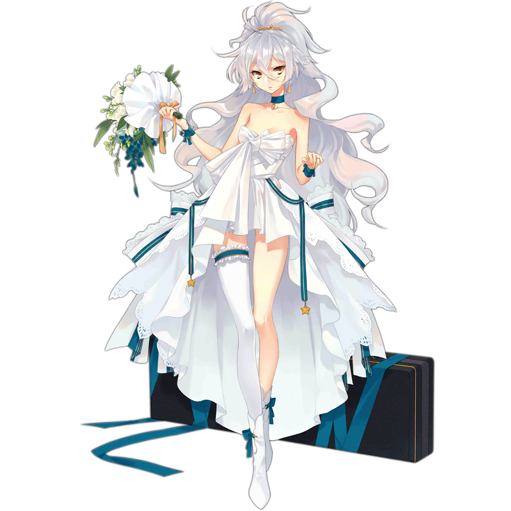 1girl ahoge alternate_costume alternate_hairstyle bangs bare_shoulders blue_choker blue_ribbon boots bouquet breasts choker collarbone dress earrings flower girls_frontline glint hair_between_eyes hand_up holding holding_bouquet jewelry long_hair looking_at_viewer no_sense_of_shame official_art open_mouth pkp_(girls_frontline) ponytail ribbon ring sidelocks silver_hair single_thighhigh small_breasts solo star strapless strapless_dress thigh-highs transparent_background very_long_hair weapon_case wedding_ring white_dress white_flower white_footwear white_legwear wrist_ribbon yellow_eyes