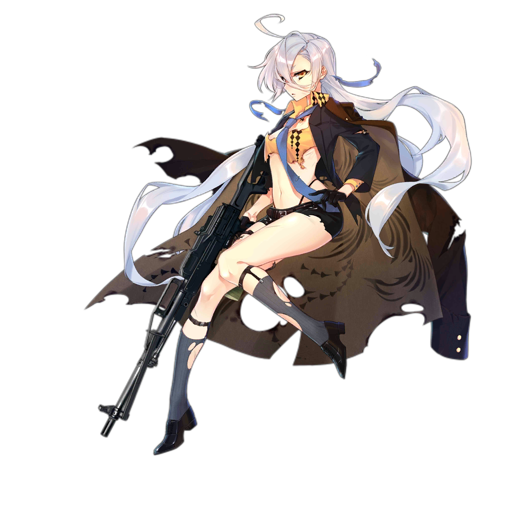 1girl ahoge alternate_costume black_footwear black_gloves black_jacket black_legwear black_panties breasts brown_jacket closed_mouth collared_shirt copyright_name cover damaged expressionless fake_cover formal from_side full_body girls_frontline gloves gun hair_between_eyes hair_down hair_undone high_heels holding holding_gun holding_weapon jacket jacket_on_shoulders kneehighs long_hair long_sleeves looking_at_viewer looking_to_the_side machine_gun medium_breasts navel necktie no_sense_of_shame official_art open_clothes open_jacket panties parted_lips pkp_(girls_frontline) rifle shirt short_shorts shorts solo stomach thigh_strap thong torn_clothes torn_jacket torn_legwear torn_shirt torn_shorts transparent_background under_boob underwear very_long_hair weapon white_hair wing_collar yellow_eyes yellow_shirt