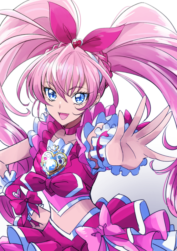 1girl :d bangs blue_eyes bow choker collarbone crop_top cure_melody earrings eyebrows_visible_through_hair floating_hair hair_between_eyes hair_bow hand_on_hip jewelry layered_skirt long_hair midriff open_mouth outstretched_arm pink_bow pink_hair pleated_skirt precure red_bow red_skirt shiny shiny_hair skirt smile solo stomach suite_precure tsukikage_oyama very_long_hair wrist_cuffs