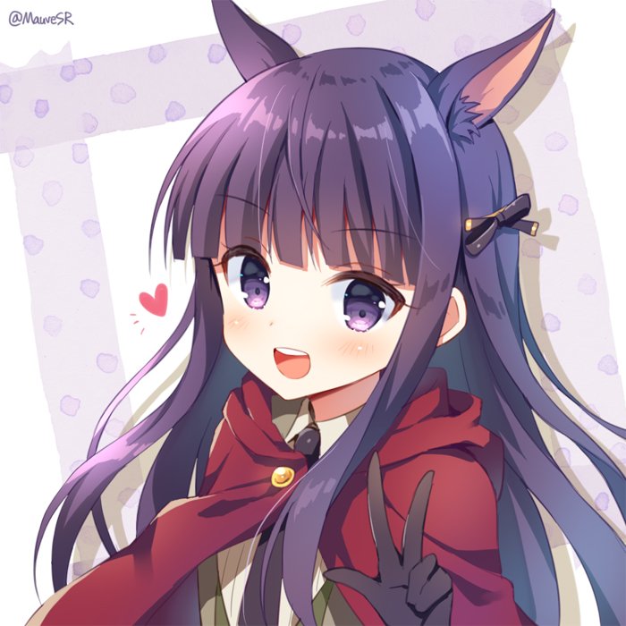 1girl :d animal_ear_fluff animal_ears bangs black_bow black_gloves black_neckwear blush bow brown_vest cloak collared_shirt commentary_request eyebrows_visible_through_hair gloves hair_bow heart hood hood_down hooded_cloak kirihara_kasumi long_hair looking_at_viewer mauve necktie open_mouth princess_connect! princess_connect!_re:dive purple_hair red_cloak round_teeth shirt smile solo teeth twitter_username upper_body upper_teeth vest violet_eyes w white_shirt