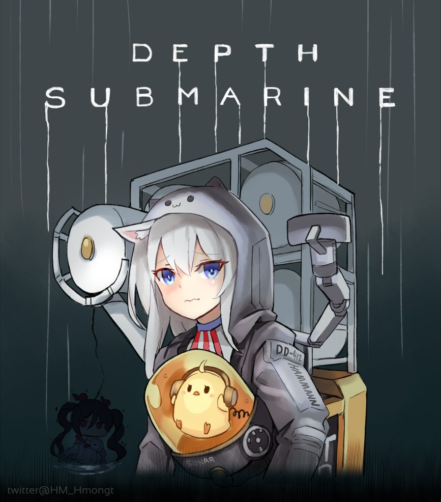 2girls ahoge american_flag_neckwear animal_ear_fluff animal_ears azur_lane bangs blue_eyes cat_ears closed_mouth commentary crossover death_stranding diving_suit english_commentary english_text eyebrows_visible_through_hair hair_between_eyes hammann_(azur_lane) headset hood hoodie i-168_(azur_lane) manjuu_(azur_lane) multiple_girls phandit_thirathon twitter_username underwater wavy_mouth white_hair