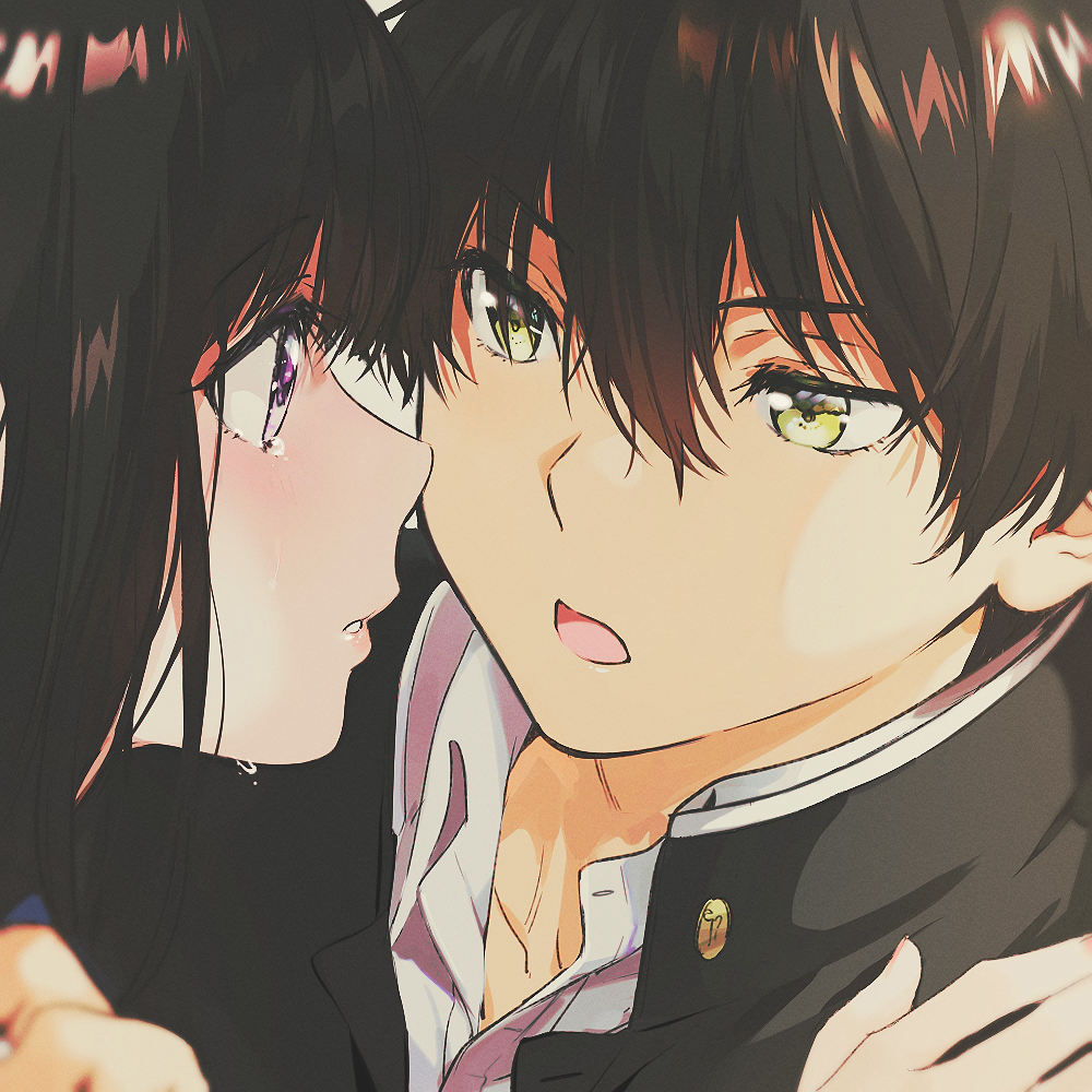 1boy 1girl bangs black_hair chitanda_eru close-up collar collarbone collared_shirt eyebrows_visible_through_hair gakuran hair_between_eyes hand_on_another's_shoulder hetero hyouka jacket long_hair looking_at_another mery_(apfl0515) open_mouth oreki_houtarou school_uniform shirt talking tears violet_eyes white_shirt yellow_eyes