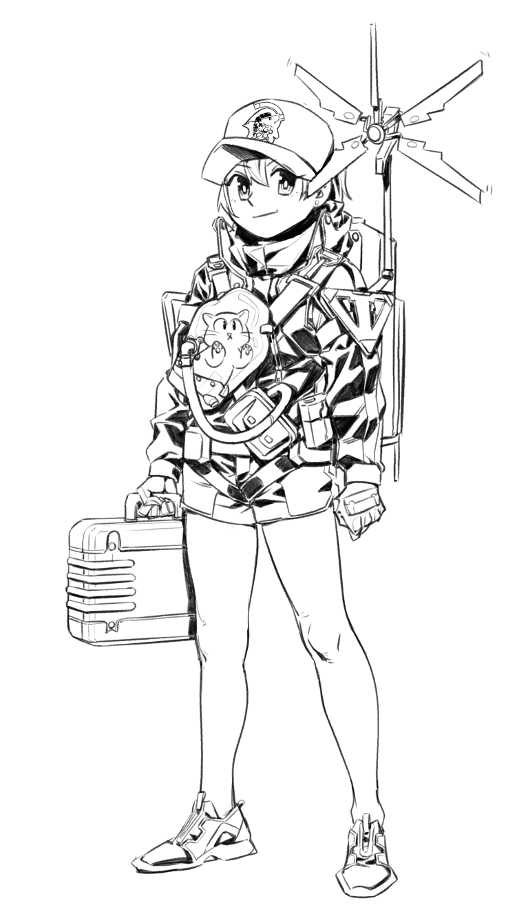 1girl backpack bag bangs baseball_cap carrying cat death_stranding full_body gloves grin hat highres jacket kitten legs long_sleeves looking_at_viewer odradek parody sesese shoes short_shorts shorts smile sneakers standing strap tube