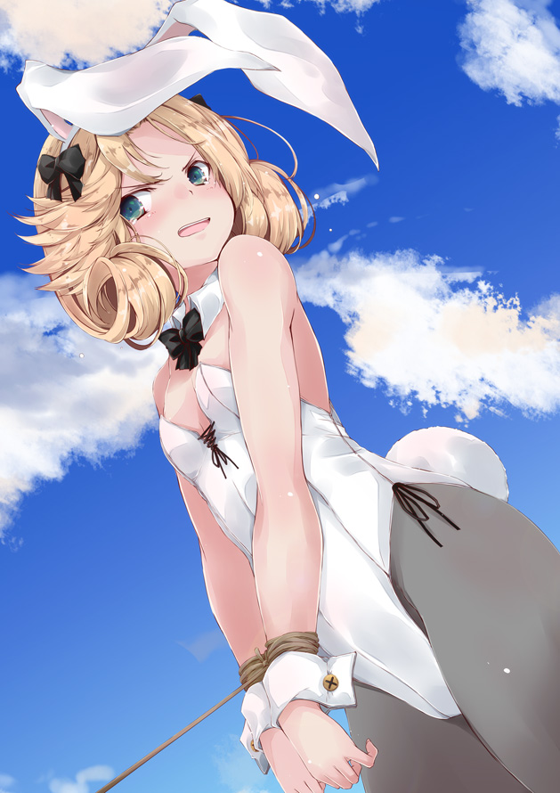 1girl animal_ears bangs blonde_hair blue_eyes blush bound bound_wrists bow bowtie breasts bunny_girl bunny_tail bunnysuit clouds day fake_animal_ears hair_bow janus_(kantai_collection) kantai_collection leotard open_mouth outdoors pantyhose rabbit_ears rope short_hair sky small_breasts solo tail wrist_cuffs yumesato_makura