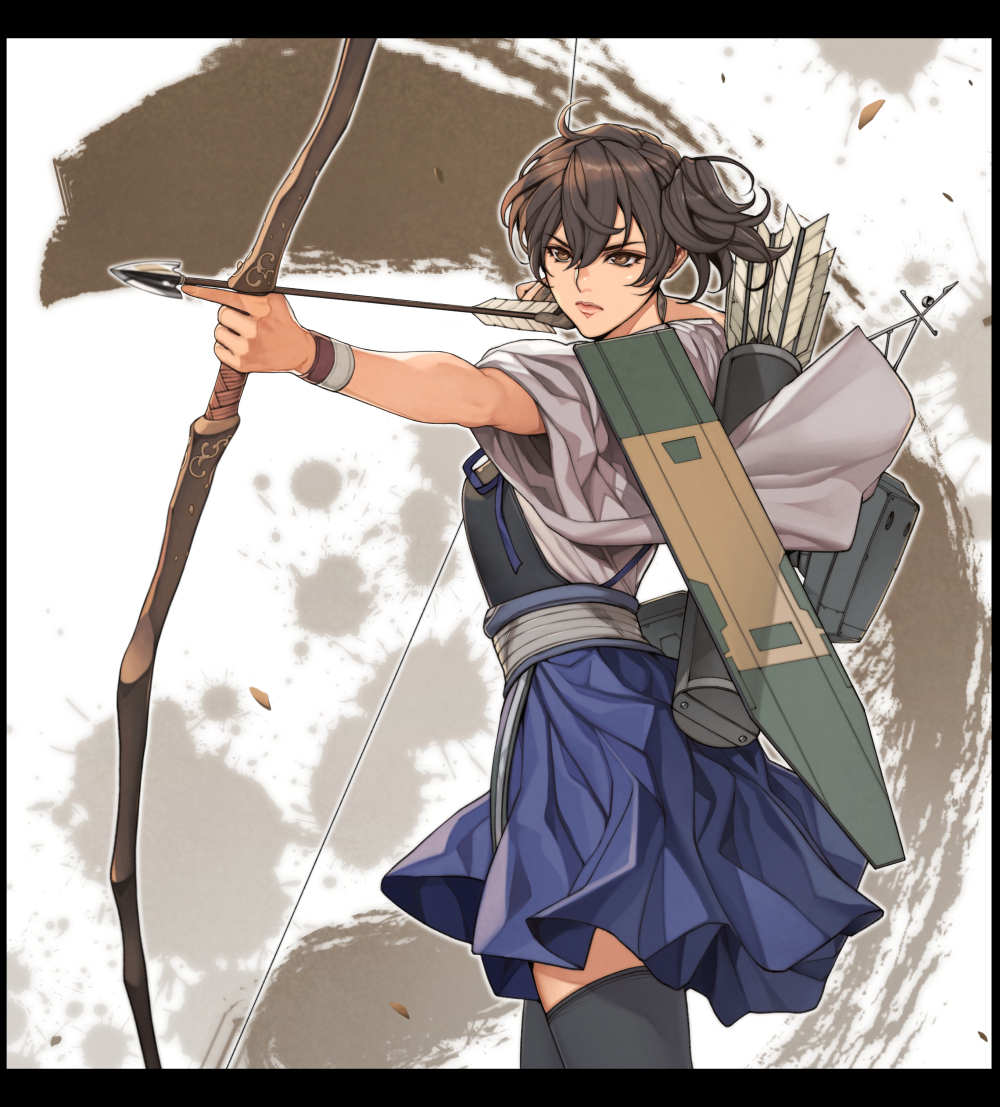 1girl apron blue_hakama bow_(weapon) brown_background brown_eyes brown_hair commentary flight_deck hakama hakama_skirt holding holding_bow_(weapon) holding_weapon japanese_clothes kaga_(kantai_collection) kantai_collection letterboxed long_hair machinery muneate oda_non quiver short_sidetail side_ponytail tasuki thigh-highs tsurime weapon white_background yumi_(bow)