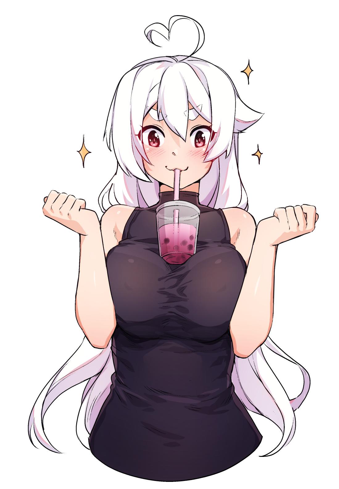 1girl :3 ahoge bangs bare_arms bare_shoulders black_shirt blush breast_squeeze breasts bubble_tea bubble_tea_challenge commentary cropped_torso cup disposable_cup drinking_straw english_commentary eyebrows_visible_through_hair eyes_visible_through_hair hair_between_eyes hands_up heart_ahoge highres iwbitu-sa large_breasts long_hair mouth_hold nyopu object_on_breast original red_eyes shirt simple_background sleeveless sleeveless_shirt smile solo sparkle thick_eyebrows upper_body very_long_hair white_background white_hair