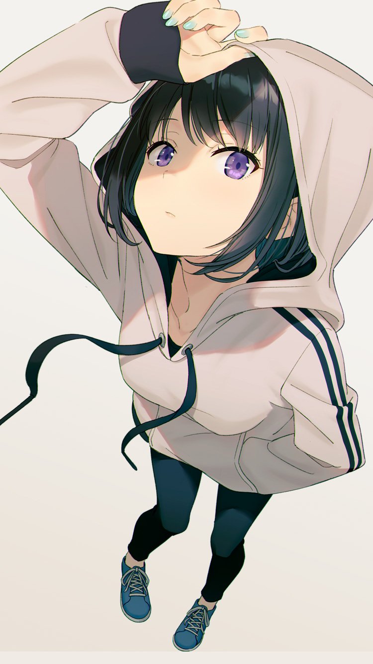 1girl arm_up black_hair blue_footwear blue_nails breasts collarbone drawstring expressionless foreshortening from_above full_body grey_background grey_hoodie hand_in_pocket highres hyuuga_azuri leggings long_sleeves looking_at_viewer medium_breasts nail_polish original shoes short_hair sidelocks simple_background sneakers solo standing violet_eyes