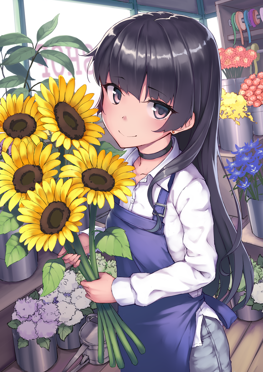 1girl apron bangs black_choker black_hair blue_apron blue_flower brown_eyes choker closed_mouth collarbone collared_shirt commentary_request copyright_request dress_shirt earrings eyebrows_visible_through_hair flower flower_shop grey_pants holding holding_flower indoors jewelry long_hair looking_at_viewer pants red_flower ryuinu shirt shop smile solo stud_earrings sunflower very_long_hair white_shirt window wooden_floor yellow_flower