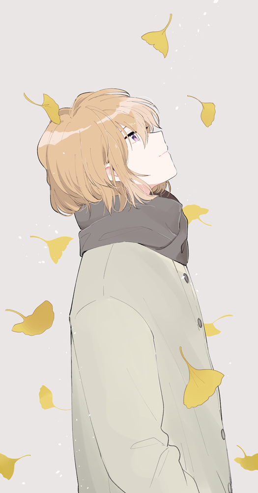 1girl autumn_leaves brown_hair closed_mouth coat enpera falling_leaves ginkgo_leaf grey_scarf haibara_ai leaf long_sleeves looking_away looking_up meitantei_conan scarf short_hair simple_background smile solo srrr315 upper_body