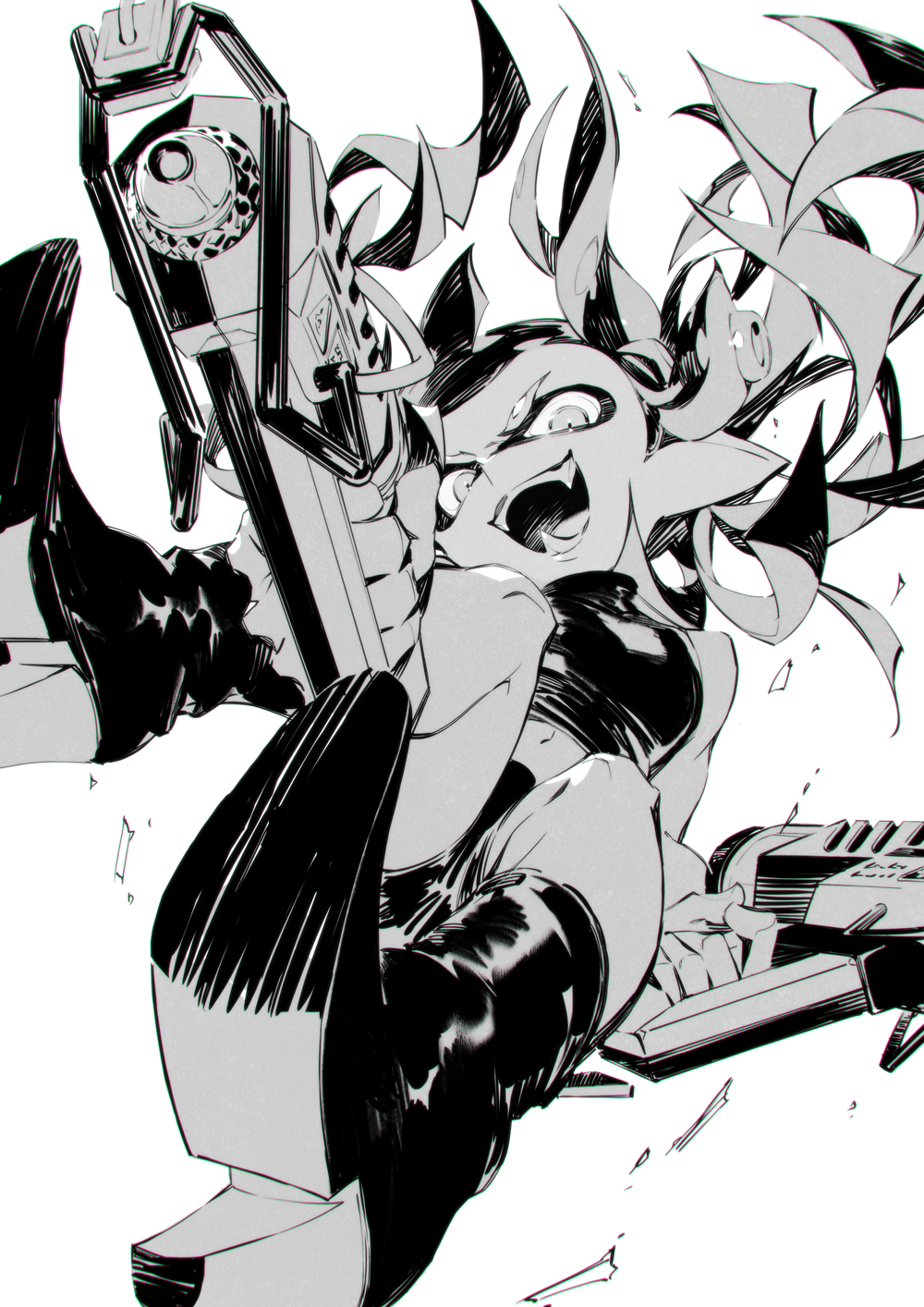 1girl bike_shorts boots crop_top domino_mask dual_wielding evil_smile fangs foreshortening glooga_dualies_(splatoon) greyscale high_heel_boots high_heels highres holding holding_weapon inkling jumping leaning_back long_hair mask monochrome navel pointy_ears shimidu_sp shirt sleeveless sleeveless_shirt smile solo splatoon_(series) splatoon_2 tentacle_hair v-shaped_eyebrows weapon