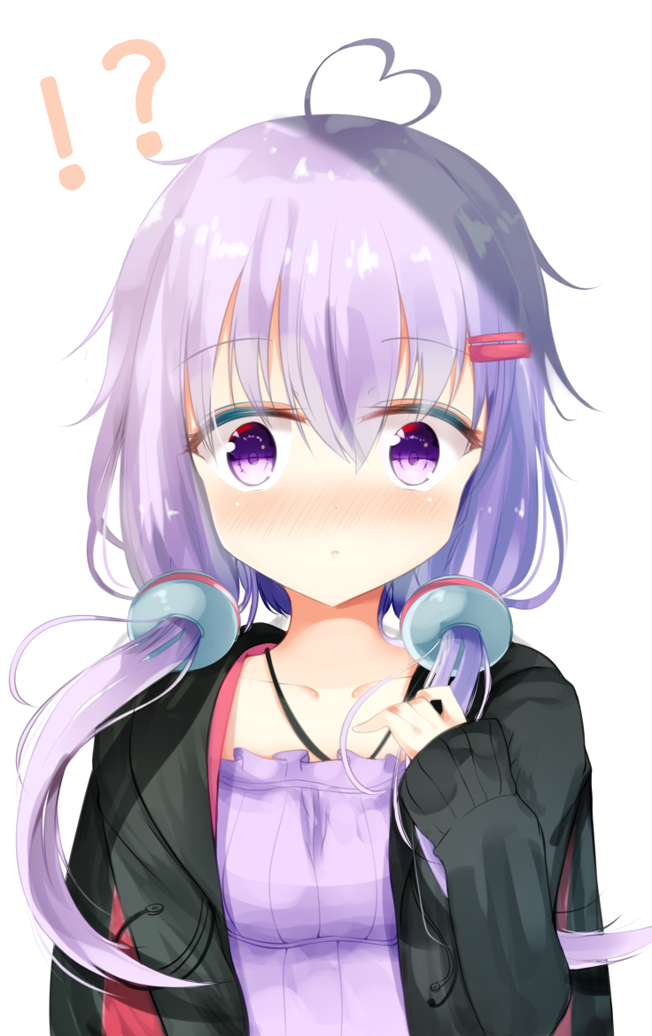 !? 1girl :o ahoge aties20 black_jacket blush collarbone commentary_request dress hair_ornament hairclip halterneck heart_ahoge jacket long_hair long_sleeves looking_at_viewer nose_blush open_clothes open_jacket parted_lips purple_dress purple_hair sidelocks simple_background sleeves_past_wrists solo upper_body violet_eyes vocaloid voiceroid white_background yuzuki_yukari