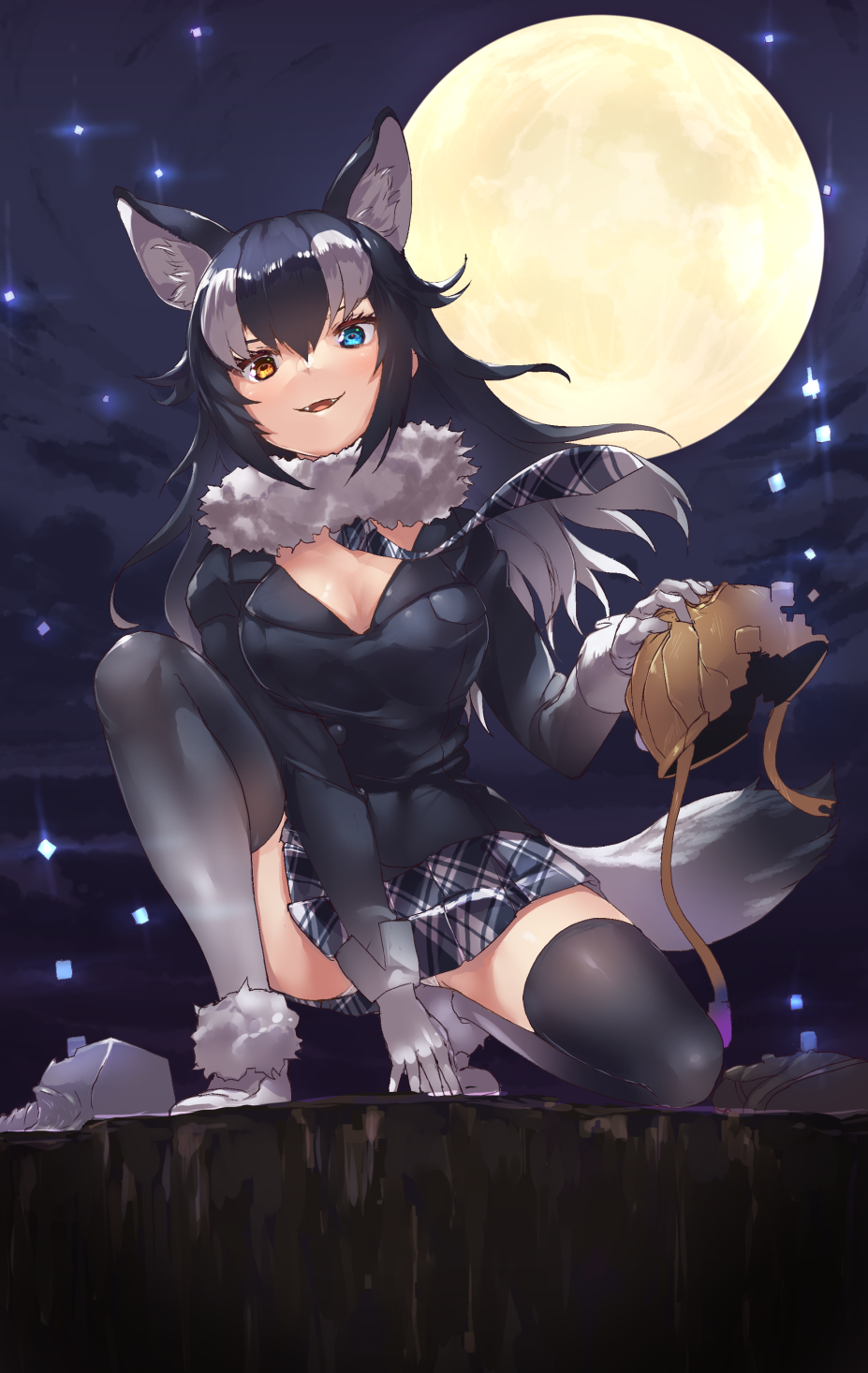 1girl animal_ear_fluff animal_ears blue_eyes cerulean_(kemono_friends) extra_ears eyebrows_visible_through_hair fangs fur_collar fur_trim gloves grey_hair grey_legwear grey_wolf_(kemono_friends) heterochromia highres jacket kemono_friends long_hair long_sleeves multicolored multicolored_clothes multicolored_hair multicolored_legwear necktie open_mouth plaid plaid_neckwear plaid_skirt pleated_skirt shoes silver_hair skirt sleeve_cuffs solo squatting tadano_magu tail thigh-highs white_gloves white_hair white_legwear wolf_ears wolf_girl wolf_tail yellow_eyes zettai_ryouiki